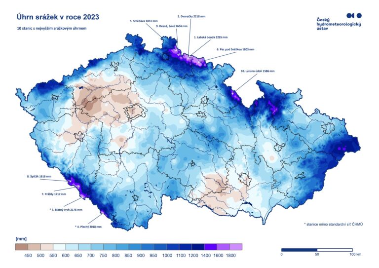 Úhrn srážek za rok 2023 v Česku